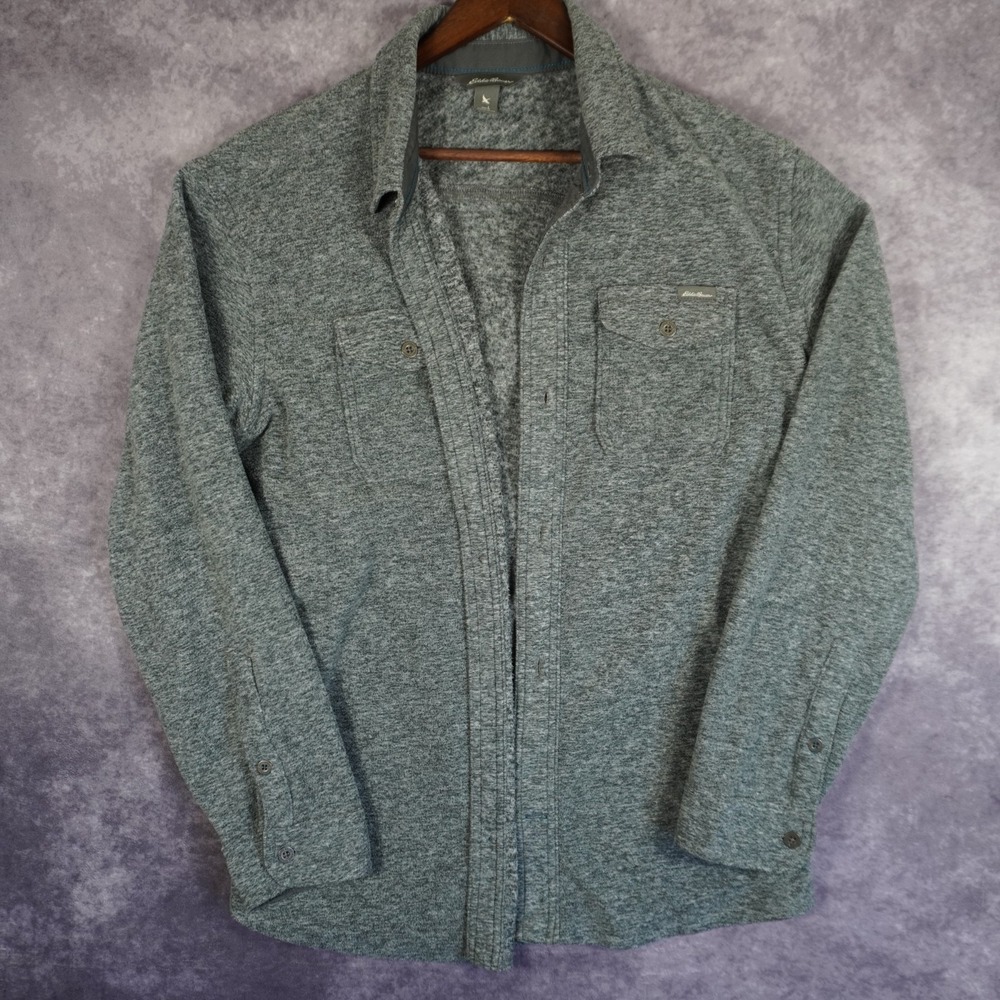 Eddie Bauer Men's Large Heather Gray Fleece Button Up Shirt Long Sleeve
